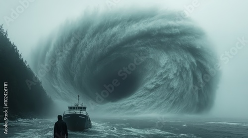 A dark and swirling water vortex looms eerily above a small fishing boat, as a solitary figure watches from the shore, bathed in twilight gloom photo