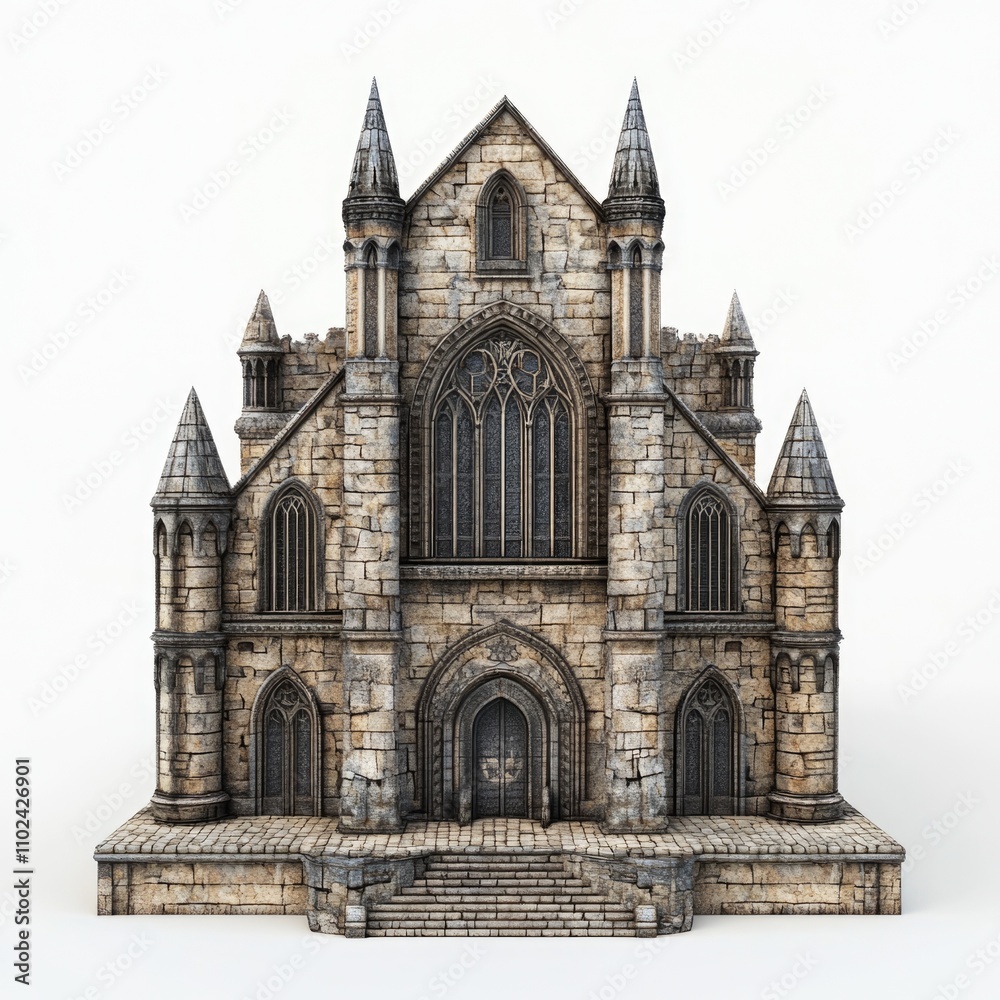Three-Dimensional Gothic Structure: Isolated Ancient Castle with European Architecture and Cobbled Exterior Three-Dimensional Gothic Structure: Isolated Ancient Castle with European Architecture and Cobbled Exterior