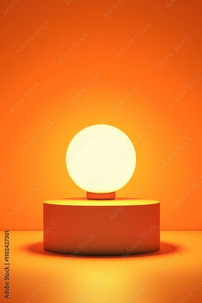 A glowing orb lamp atop a circular pedestal, set against a vibrant orange background creating a warm ambiance. A glowing orb lamp atop a circular pedestal, set against a vibrant orange background creating a warm ambiance.