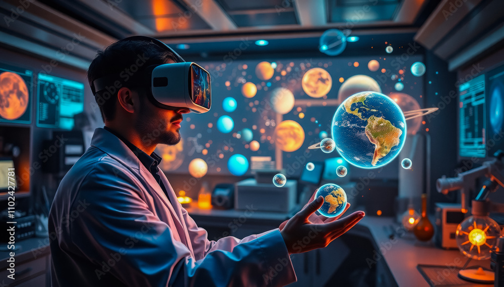 Fototapeta premium A young man Astronomer in a VR headset immersed in a virtual space simulation featuring stars, galaxies, and planetary systems.