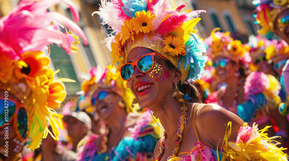 Vibrant Brazilian Carnival Celebration with Colorful Costumes and Lively Atmosphere Vibrant Brazilian Carnival Celebration with Colorful Costumes and Lively Atmosphere
