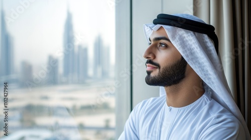 Ambitious Arabic Businessman Gazing at Dubai Skyline from Office Balcony through Glass Window