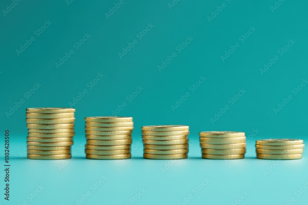 Growing stacks of coins on a blue background, concept of saving, investments, long-term financial strategy. Growing stacks of coins on a blue background, concept of saving, investments, long-term financial strategy.