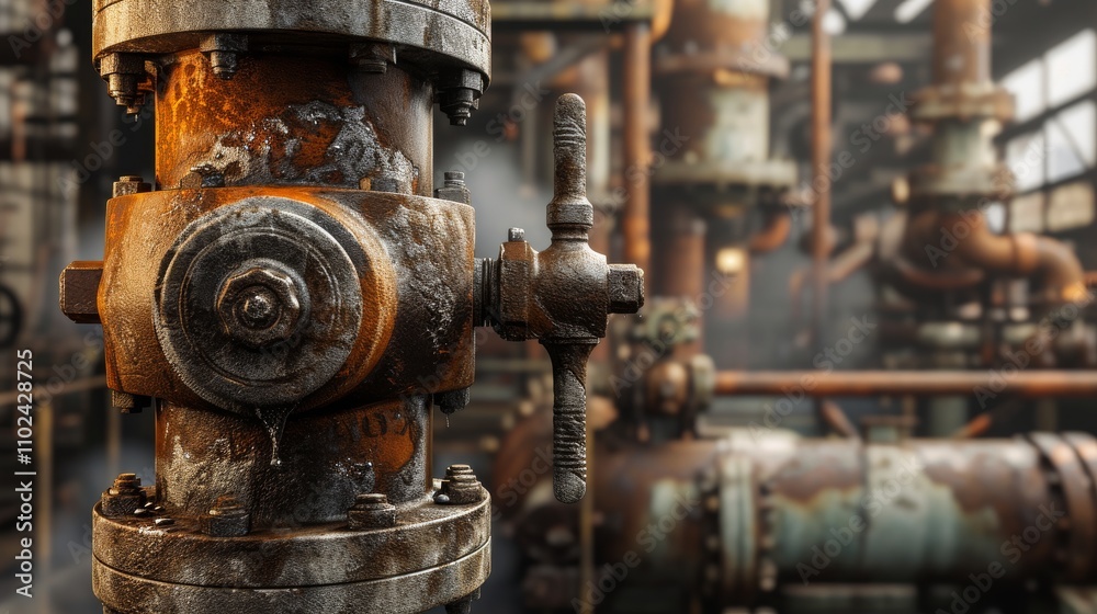 A rusted industrial pipe valve in a factory environment, with corroded machinery and weathered pipes surrounding the scene, evoking a sense of industrial decay. AI generated. A rusted industrial pipe valve in a factory environment, with corroded machinery and weathered pipes surrounding the scene, evoking a sense of industrial decay. AI generated.