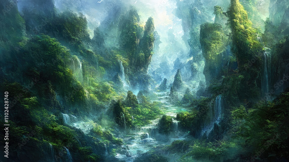 Obraz premium Lush green valley with waterfalls cascading down rocky cliffs, sunlight filtering through the misty atmosphere.