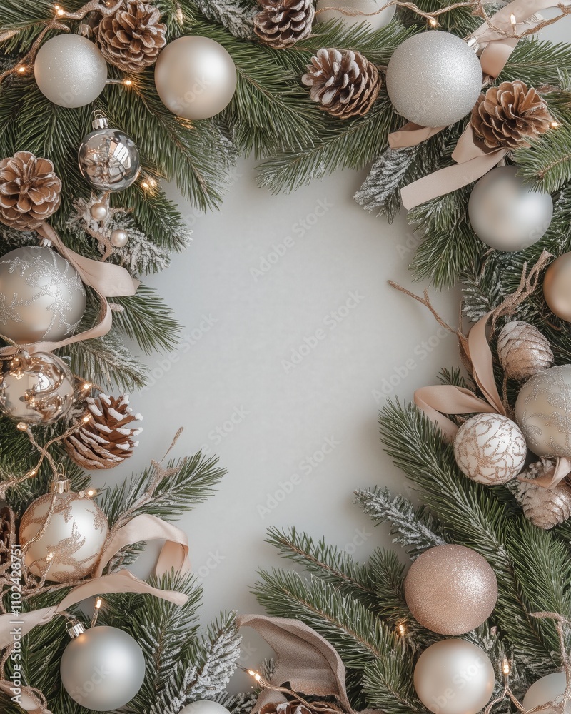 A festive frame of fir branches, ornaments, and ribbons evokes winter joy against a soft gray backdrop. A festive frame of fir branches, ornaments, and ribbons evokes winter joy against a soft gray backdrop.