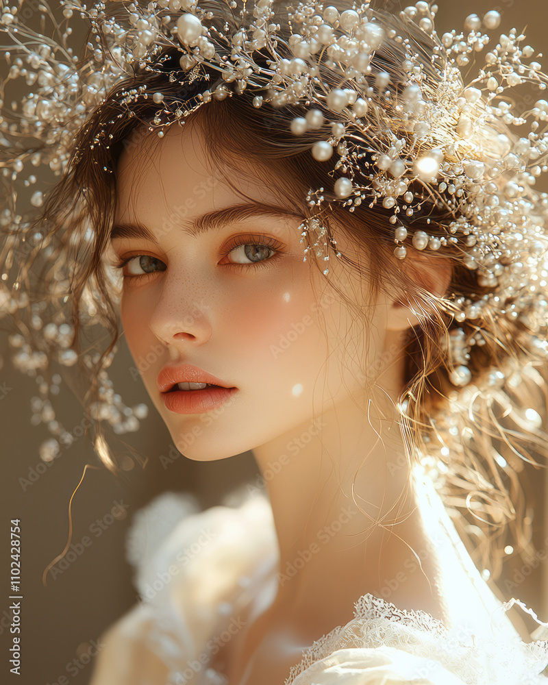 An ethereal woman with a halo-like headpiece crafted from intertwined vines and pearls, styled in a flowing white dress with a dreamy, soft-lit background, An ethereal woman with a halo-like headpiece crafted from intertwined vines and pearls, styled in a flowing white dress with a dreamy, soft-lit background,