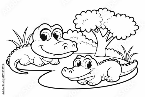 cute Crocodile Alligator, some grass and a tree, coloring book