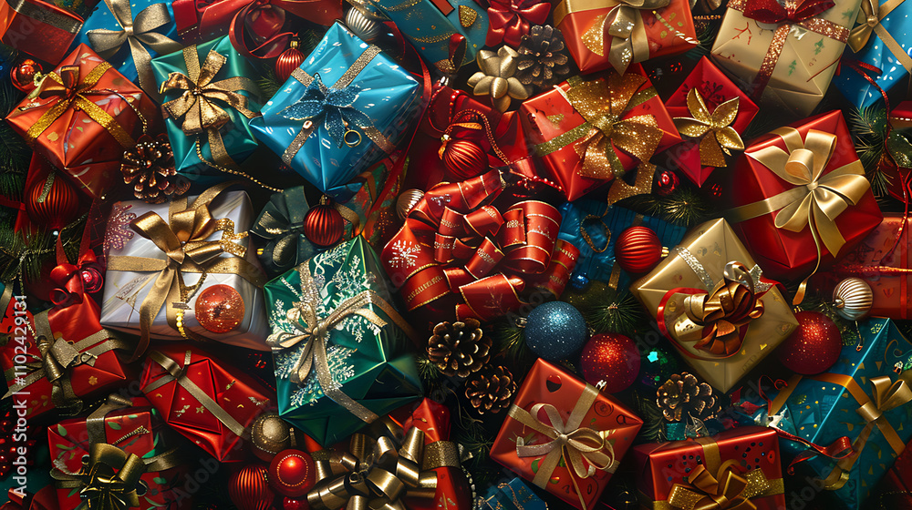 Fototapeta premium Pile of Christmas Presents with Festive Decorations