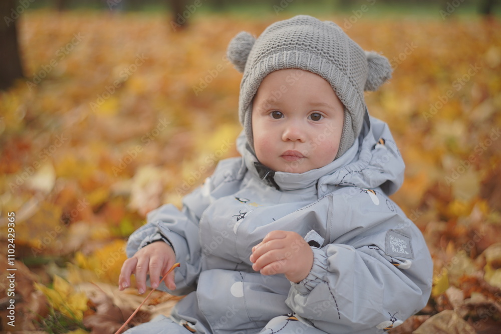 Little boy playing in autumn park. Child on yellow fallen leaves on a sunny autumn day. Little boy playing in autumn park. Child on yellow fallen leaves on a sunny autumn day.