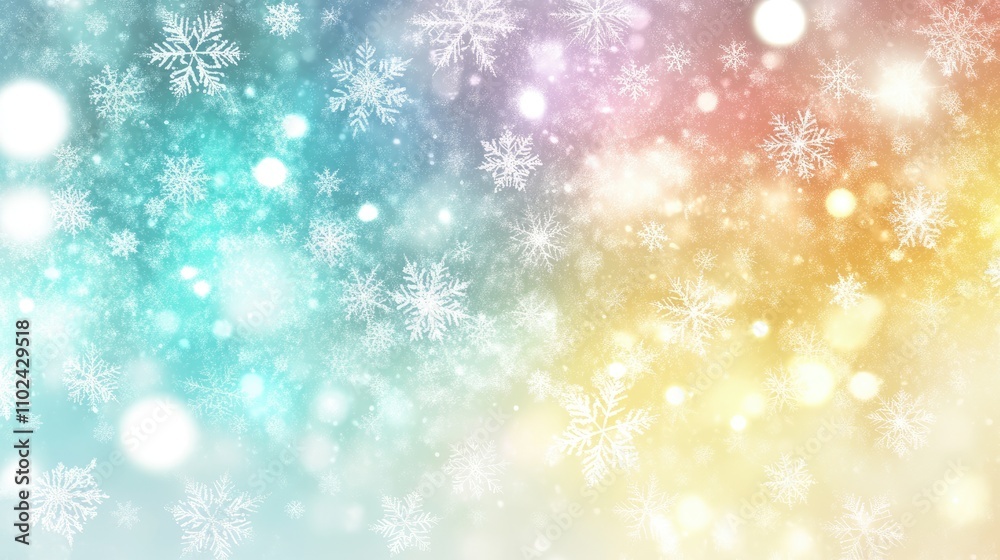 Softly swirling snowflakes fill the air, creating a magical winter atmosphere. A palette of pastel hues illuminates the scene, evoking warmth amidst the chill