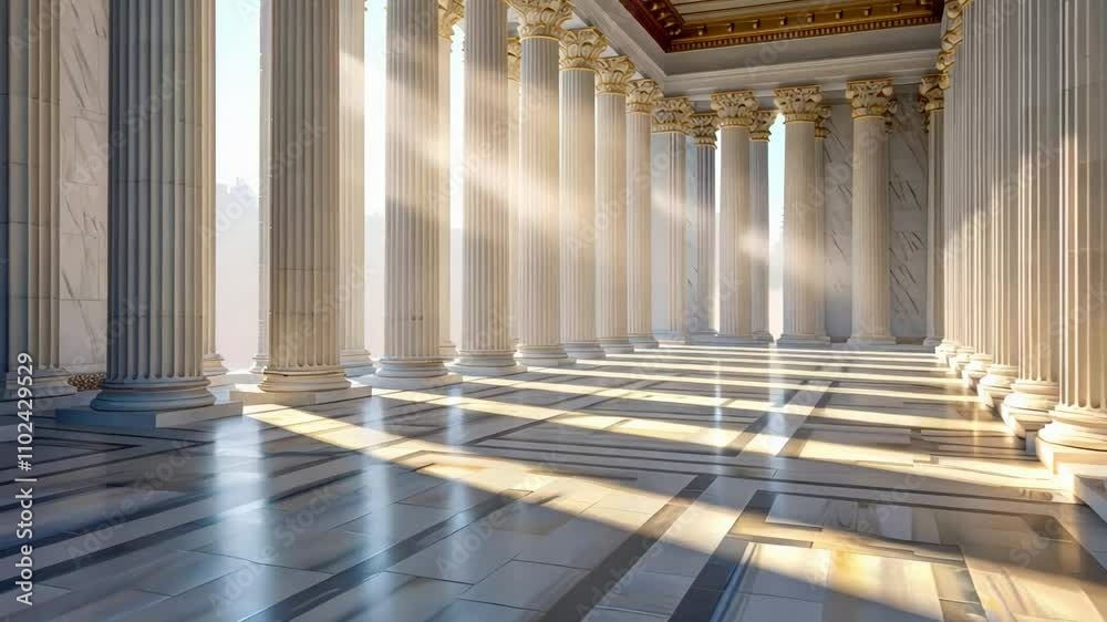 Sunlight streams through marble columns of an ancient Greek temple ...