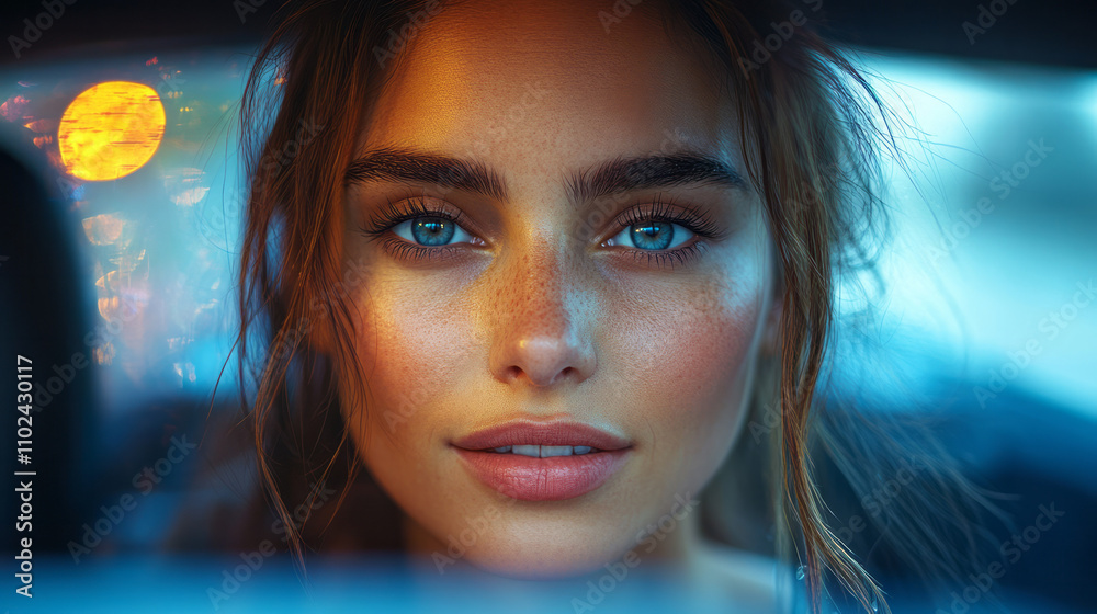 A poised woman adjusting the rearview mirror in a minimalist electric car, her face illuminated by soft ambient lighting, A poised woman adjusting the rearview mirror in a minimalist electric car, her face illuminated by soft ambient lighting,