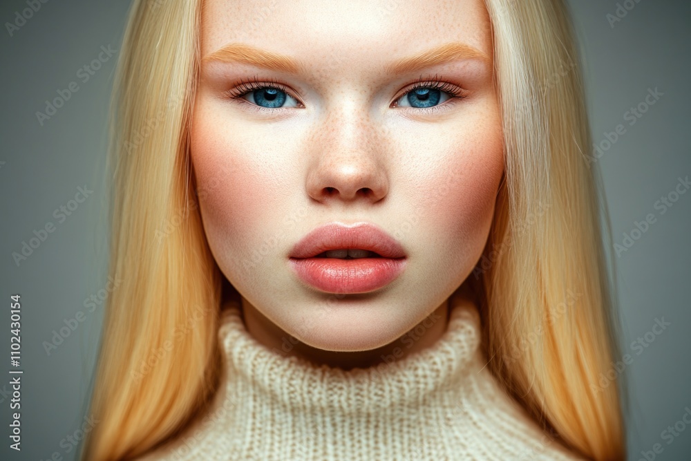 Young caucasian female with blonde hair and freckles in a cream sweater Young caucasian female with blonde hair and freckles in a cream sweater