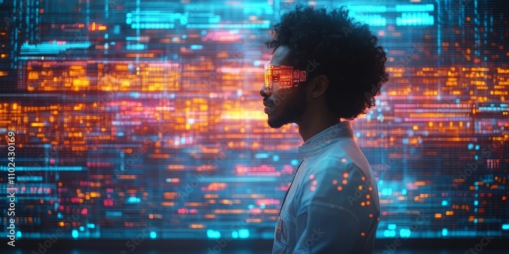 A creative thinker stands against a backdrop of pulsating lights, wearing stylish glasses, lost in thought about the future of technology and design A creative thinker stands against a backdrop of pulsating lights, wearing stylish glasses, lost in thought about the future of technology and design