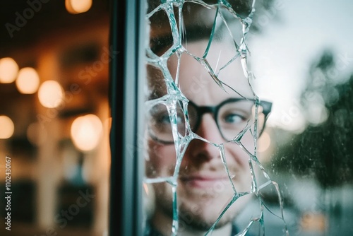 Caucasian male reflection through shattered glass fragments photo