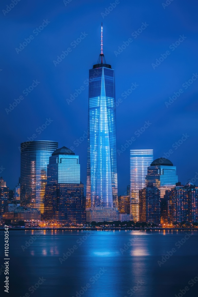 Obraz premium Nighttime Urban Vista: Majestic Blue Skyline of Manhattan, New York City
