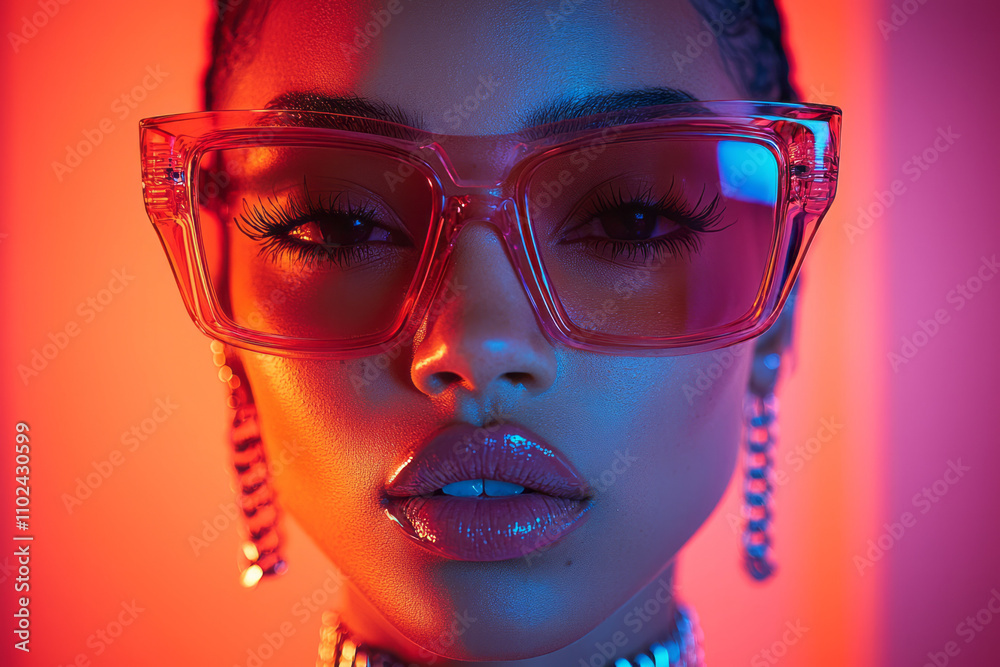 A bold image featuring oversized sunglasses with tinted lenses, paired with a sleek chain necklace and gloves, styled against a vibrant backdrop for a retro-futuristic vibe, A bold image featuring oversized sunglasses with tinted lenses, paired with a sleek chain necklace and gloves, styled against a vibrant backdrop for a retro-futuristic vibe,