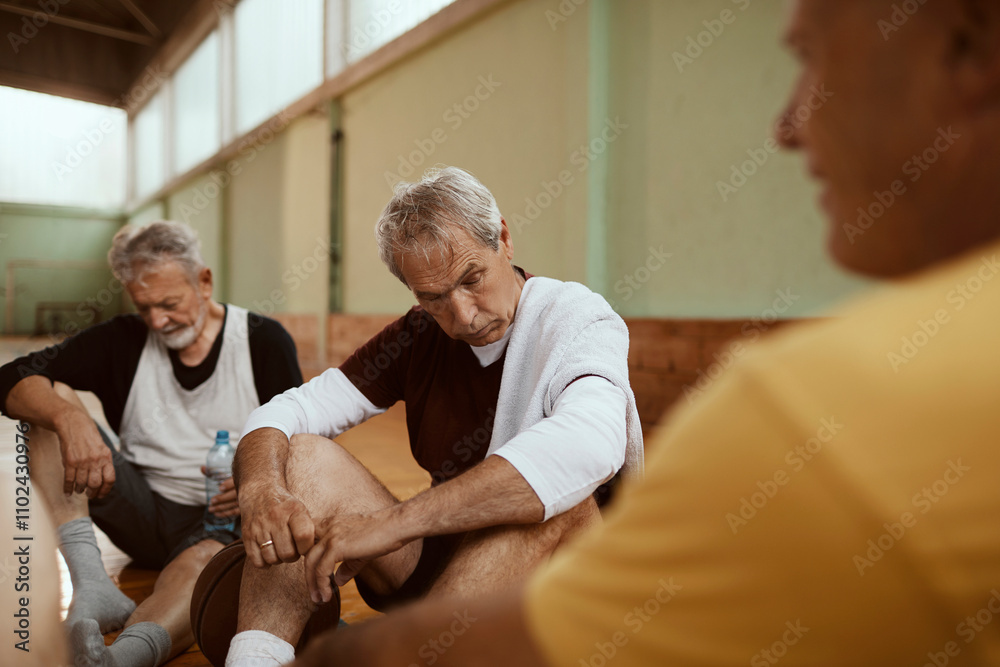 Senior men taking a break from playing basketball in an indoor gym Senior men taking a break from playing basketball in an indoor gym
