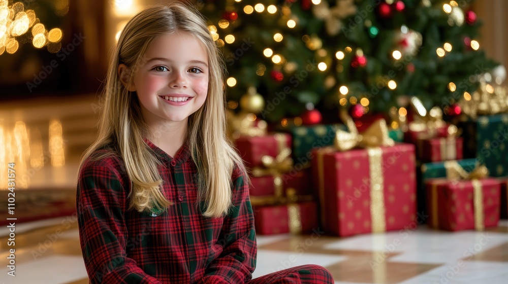 A happy girl in red and green pajamas sits by a festive Christmas tree, smiling amid the gifts A happy girl in red and green pajamas sits by a festive Christmas tree, smiling amid the gifts