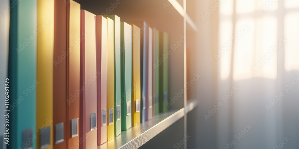 Obraz premium Bookshelf with colorful file folders. Open shelf in minimalist interior background, accounting, document storage, archive. 