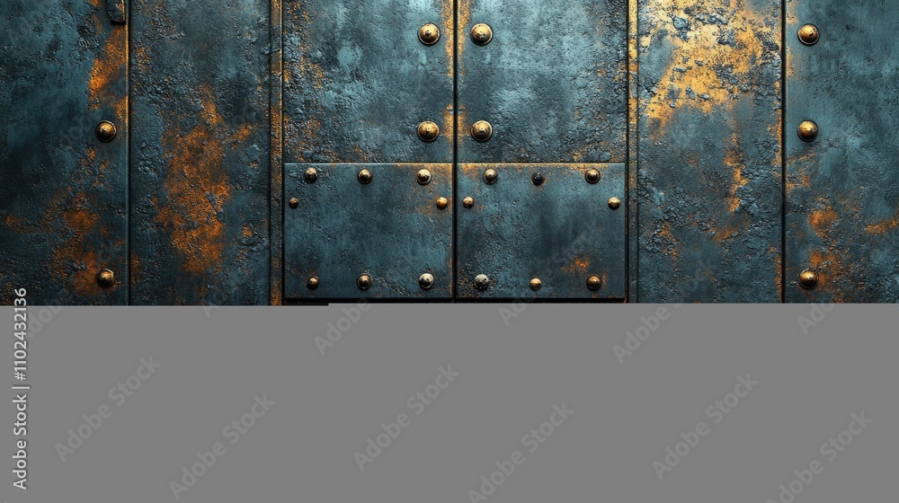 Fototapeta premium A textured metal wall with rivets and a weathered appearance, suggesting strength and durability.