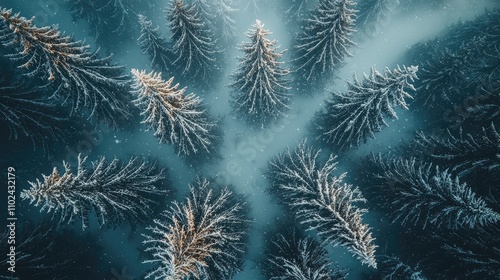 Winter Wonderland: Drone Shot of Snow-Covered Evergreen Trees After a Blizzard