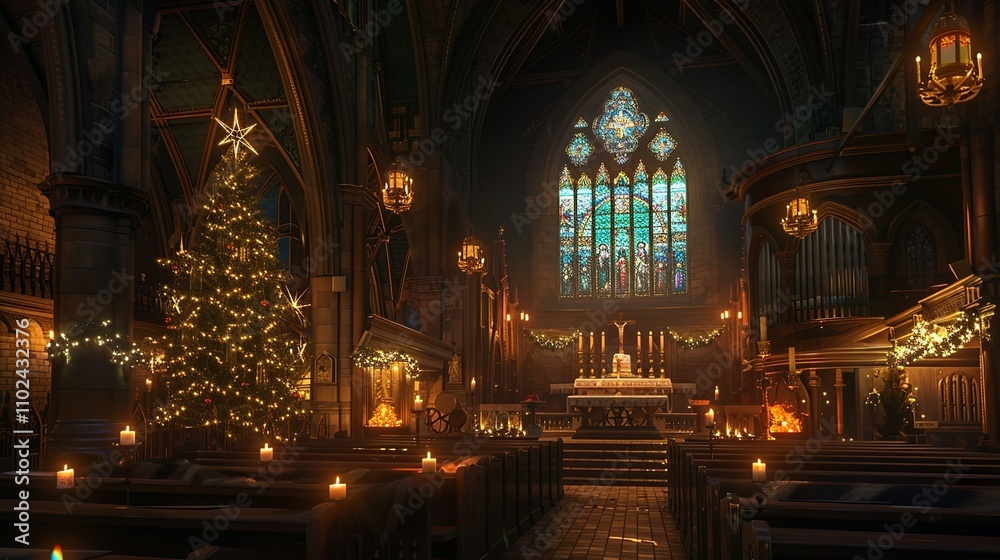 Candlelit church interior with Christmas decorations and glowing lights Candlelit church interior with Christmas decorations and glowing lights