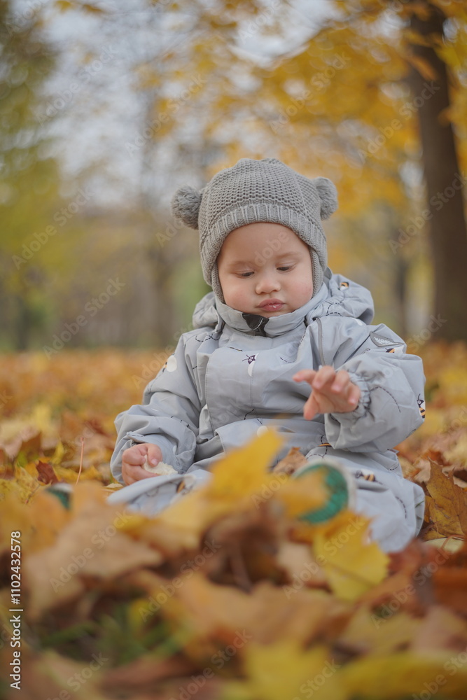 Little boy playing in autumn park. Child on yellow fallen leaves on a sunny autumn day. Little boy playing in autumn park. Child on yellow fallen leaves on a sunny autumn day.