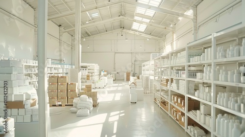 A spacious warehouse with white walls and shelves stocked with products, sunlight streaming through the skylights.