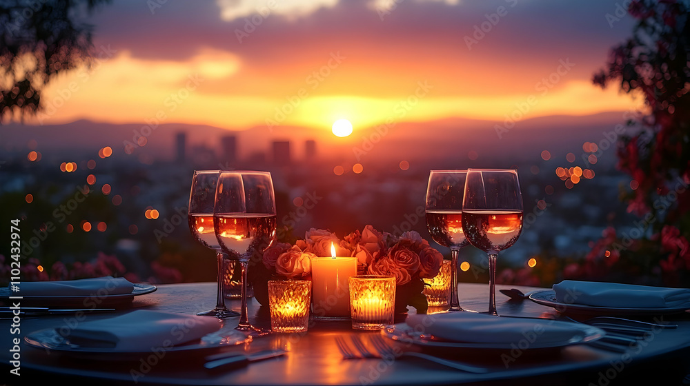 A romantic dinner table adorned with glowing candles and a vase of roses, set against a breathtaking sunset view A romantic dinner table adorned with glowing candles and a vase of roses, set against a breathtaking sunset view