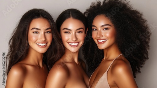 Three Beautiful Diverse Women, Smiling And Confident, Posing on a Neutral Grey Background