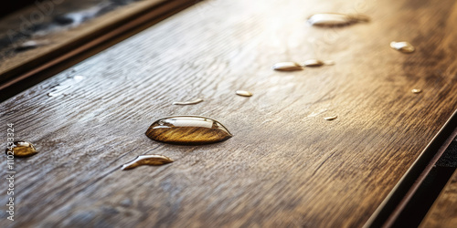 Close-up of water droplets on laminate floor with wood pattern. Background of water resistant laminate flooring, high water protection class photo