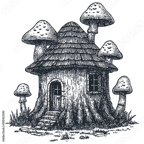 Gnome house in a tree stump with mushrooms growing, engraving style, vector illustration.