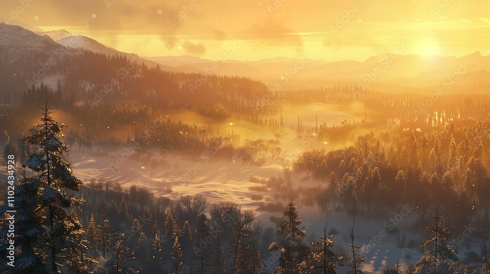 Fototapeta premium Golden sunrise over misty forested valley in autumn.