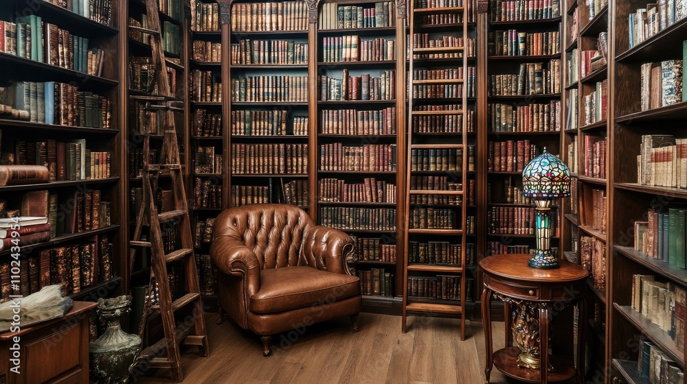 An exquisite Victorian library with floor-to-ceiling bookshelves filled with leather-bound books