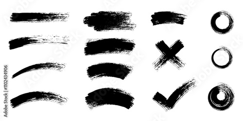 Vector illustration of a set of grunge brush strokes. Strokes and markers in the form of a cross, a check mark and a circle, hand-drawn with a wide brush