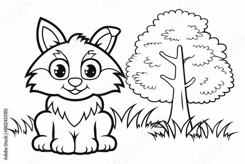 cute Lynx, some grass and a tree, coloring book