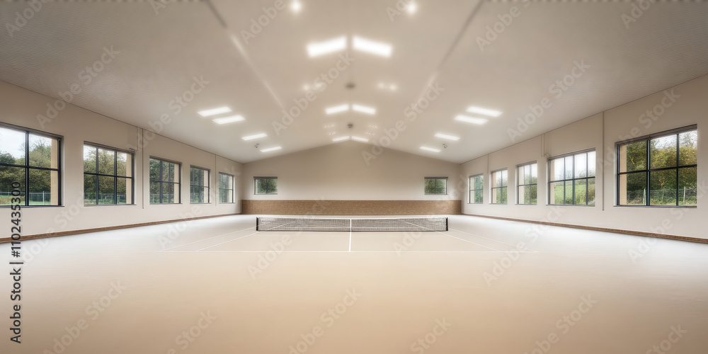 Obraz premium Empty interior of indoor sports tennis court. Background of tennis room with copy space