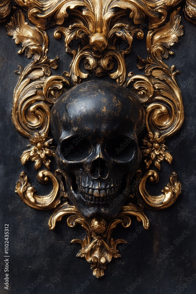 Antique Black Skull Adorned with Baroque Gold Embellishments and Ornate Decorations