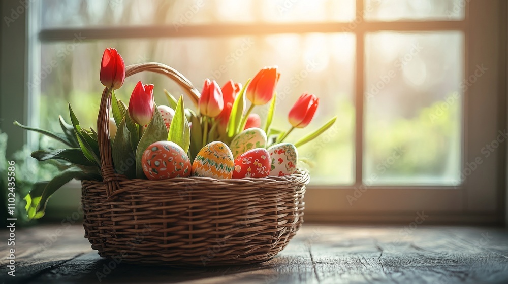 Easter Basket with Tulips and Painted Eggs on Rustic Wooden Table by Sunny Window