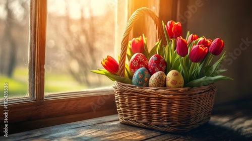 Obraz na płótnie Easter Basket with Tulips and Painted Eggs on Rustic Wooden Table by Sunny Window w salonie