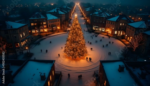 Christmas tree with lights and snow in the centre of the small city