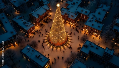 Christmas tree with lights and snow in the centre of the small city