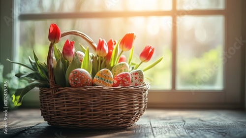 Obraz na płótnie Easter Basket with Tulips and Painted Eggs on Rustic Wooden Table by Sunny Window w salonie