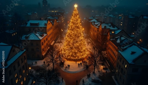Christmas tree with lights and snow in the centre of the small city