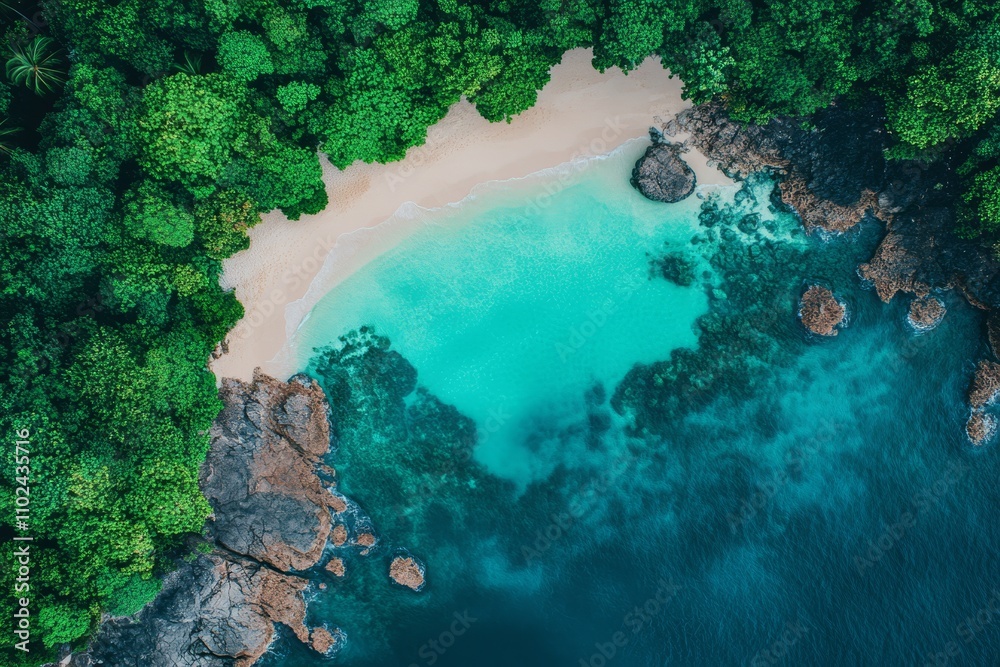 Aerial View of Pristine Cove with Turquoise Water, Sandy Beach, and Lush Tropical Forest