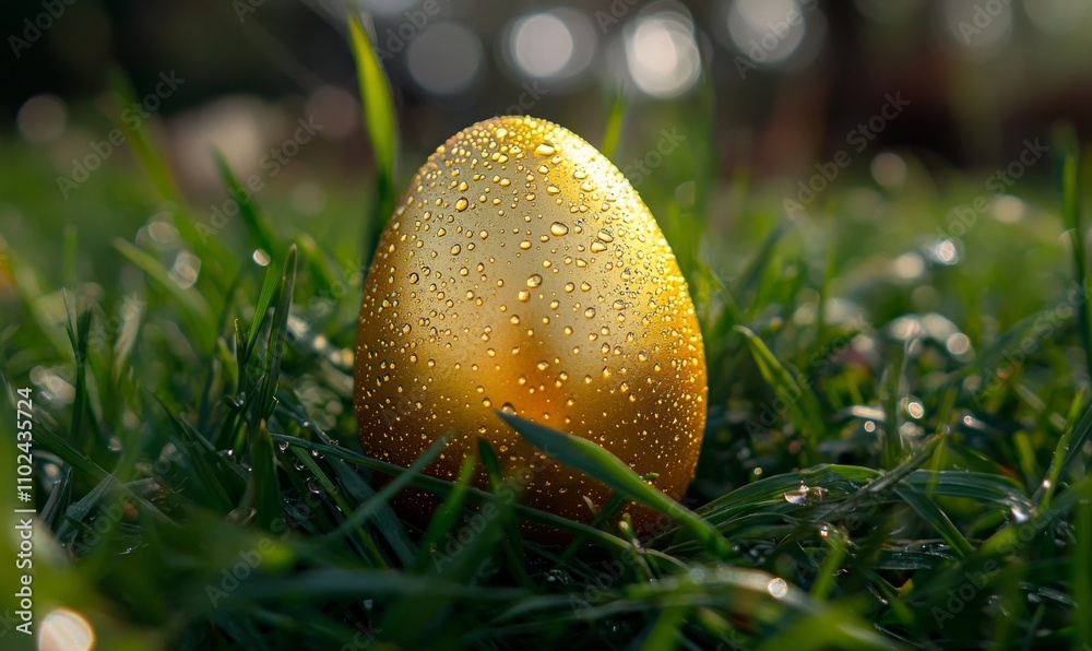 Golden Easter Egg with Dewdrops in Fresh Green Grass, Symbol of Spring and Renewal