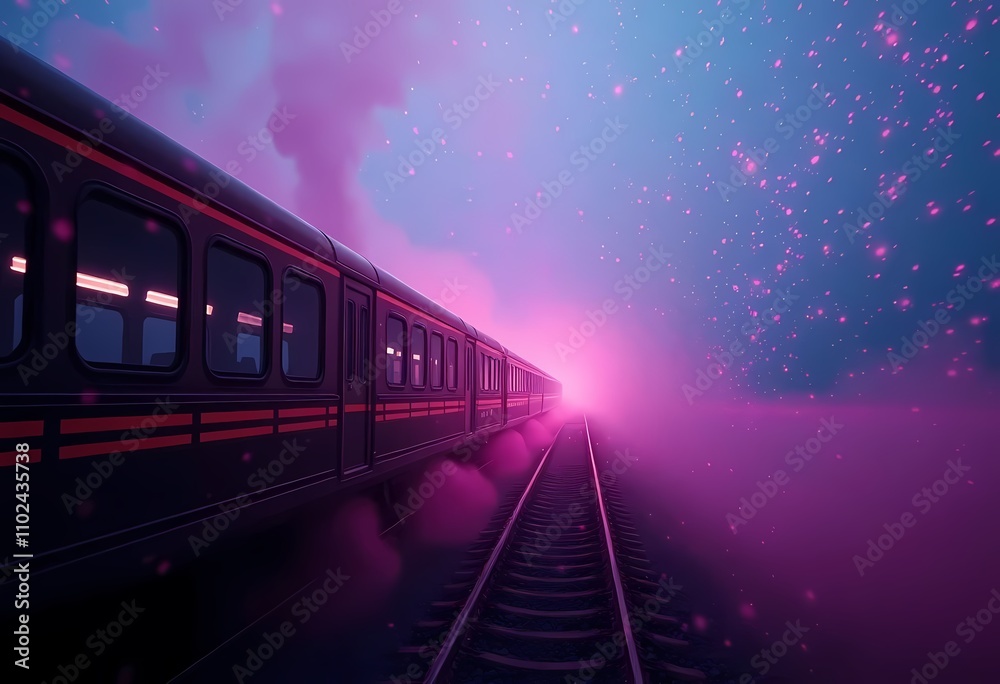 Fototapeta premium A vintage train traveling through a misty colorful landscape with a starry night sky . The train is silhouetted against a vibrant pink and purple background, creating a dreamlike , atmospheric scene