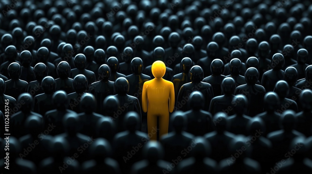 Obraz premium Yellow Figure Standing Out Among Black Figures as a Symbol of Individuality and Nonconformity
